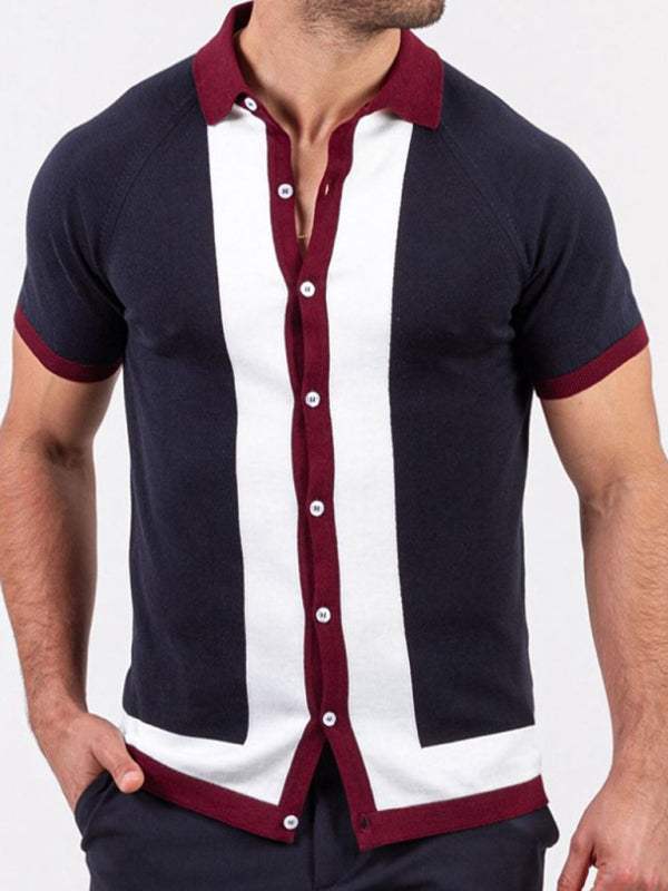 Single-breasted paneled color contrast short sleeve shirt with lapel collar.