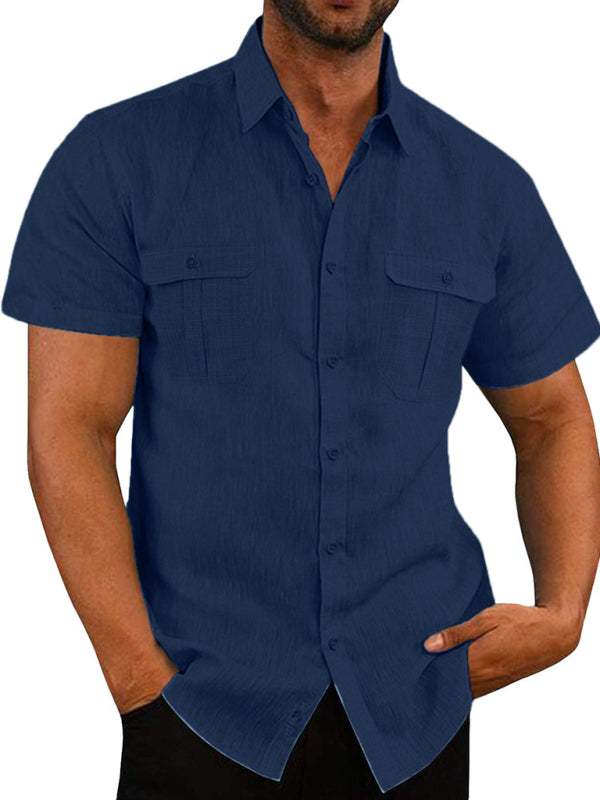 Men's double pocket cotton-linen short sleeve shirt, casual vacation style, navy blue.