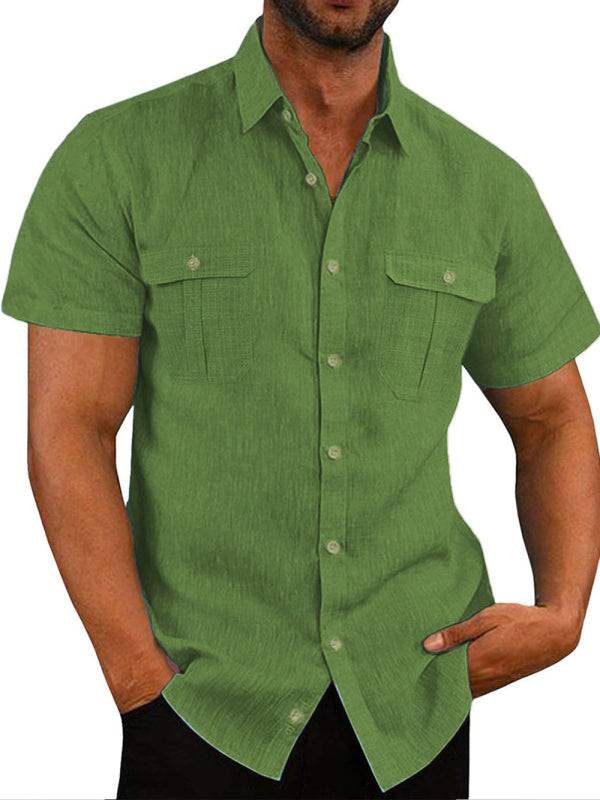 Stylish Men's Double Pocket Cotton-Linen Short Sleeve Shirt for Effortless Casual Elegance - MENLL