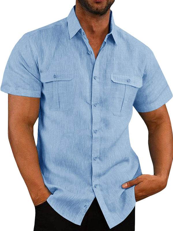 Stylish Men's Double Pocket Cotton-Linen Short Sleeve Shirt for Effortless Casual Elegance - MENLL