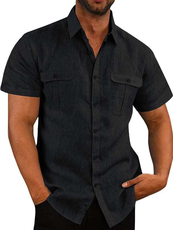 Stylish Men's Double Pocket Cotton-Linen Short Sleeve Shirt for Effortless Casual Elegance - MENLL