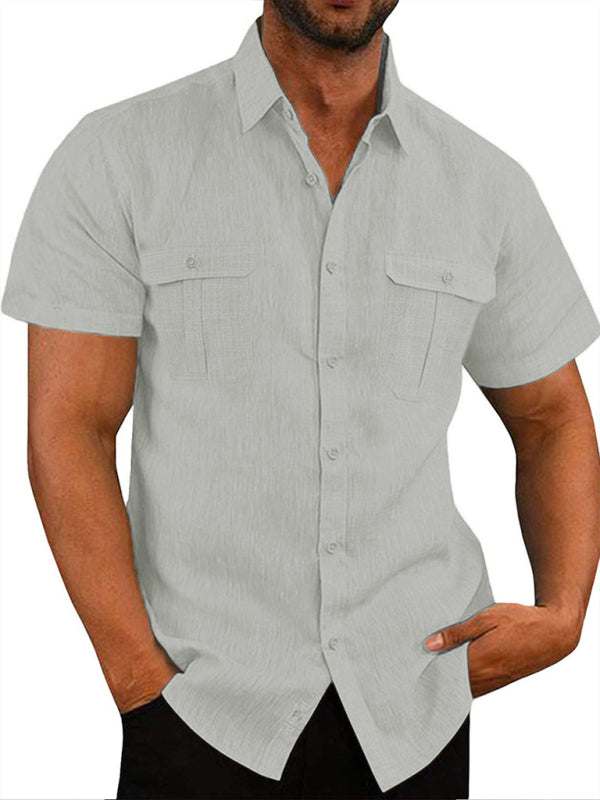 Stylish Men's Double Pocket Cotton-Linen Short Sleeve Shirt for Effortless Casual Elegance - MENLL