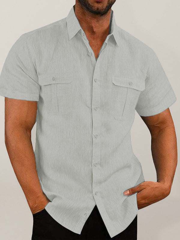 Stylish Men's Double Pocket Cotton-Linen Short Sleeve Shirt for Effortless Casual Elegance - MENLL