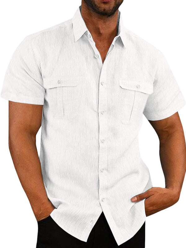 Stylish Men's Double Pocket Cotton-Linen Short Sleeve Shirt for Effortless Casual Elegance - MENLL