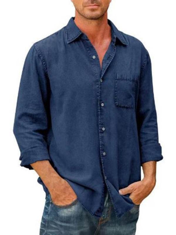 Stylish men's slim fit lapel shirt in solid color with long sleeves.