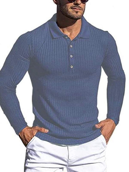 Stylish men's slim-fit long sleeve high-elastic vertical stripe polo shirt in blue.