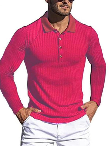 Stylish Men's Slim-Fit Long Sleeve High-Elastic Vertical Stripe POLO Shirt for All Seasons