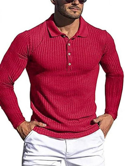 Stylish Men's Slim-Fit Long Sleeve High-Elastic Vertical Stripe POLO Shirt for All Seasons