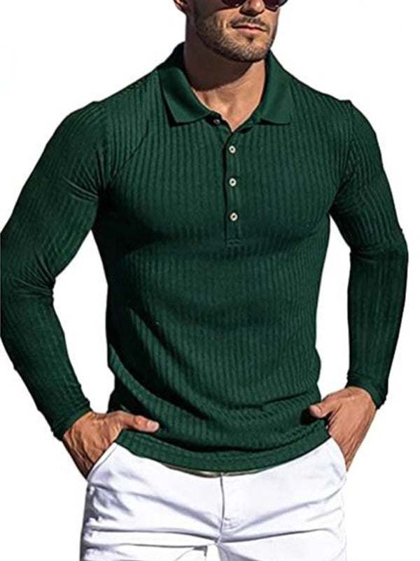 Stylish Men's Slim-Fit Long Sleeve High-Elastic Vertical Stripe POLO Shirt for All Seasons