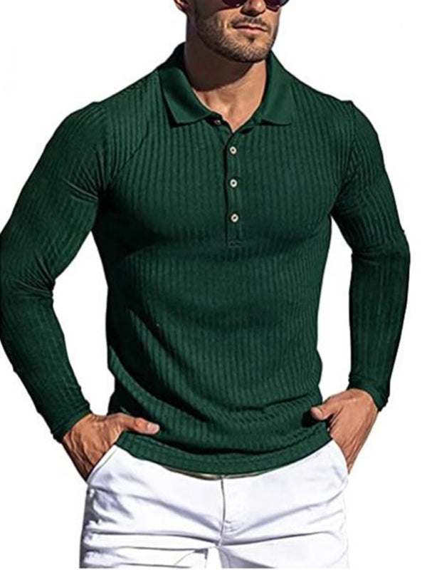 Stylish Men's Slim-Fit Long Sleeve High-Elastic Vertical Stripe POLO Shirt for All Seasons