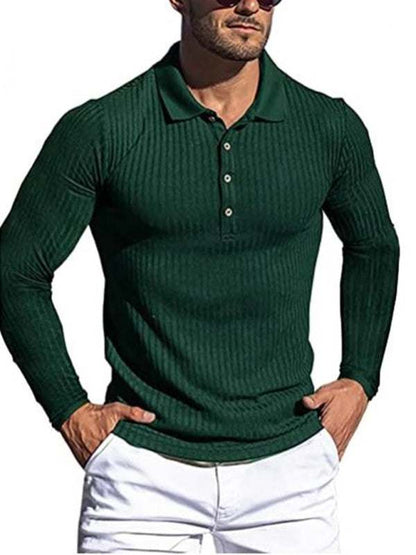 Stylish Men's Slim-Fit Long Sleeve High-Elastic Vertical Stripe POLO Shirt for All Seasons