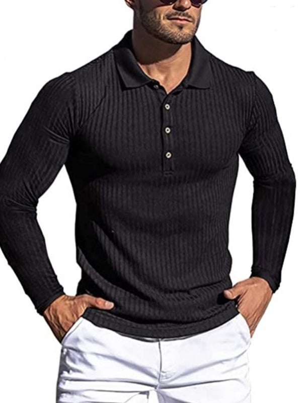 Stylish Men's Slim-Fit Long Sleeve High-Elastic Vertical Stripe POLO Shirt for All Seasons