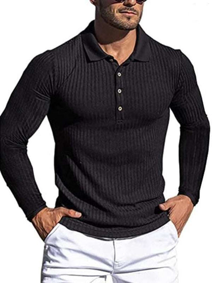 Stylish Men's Slim-Fit Long Sleeve High-Elastic Vertical Stripe POLO Shirt for All Seasons