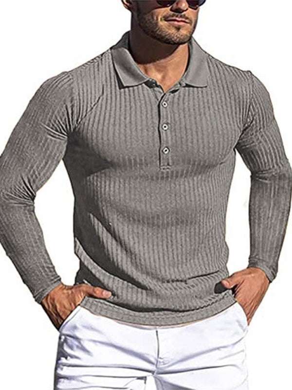 Stylish Men's Slim-Fit Long Sleeve High-Elastic Vertical Stripe POLO Shirt for All Seasons