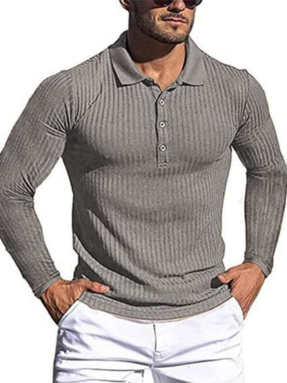 Stylish Men's Slim-Fit Long Sleeve High-Elastic Vertical Stripe POLO Shirt for All Seasons