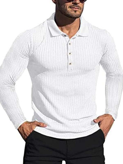 Stylish Men's Slim-Fit Long Sleeve High-Elastic Vertical Stripe POLO Shirt for All Seasons