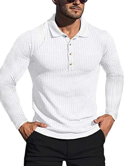 Stylish Men's Slim-Fit Long Sleeve High-Elastic Vertical Stripe POLO Shirt for All Seasons