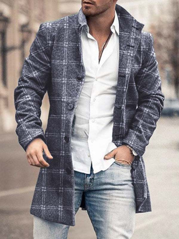 Men's woolen stand collar mid-length casual coat with slant pockets and self design pattern.