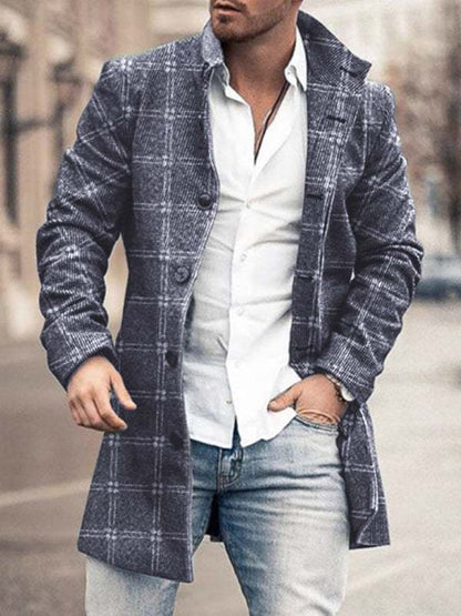 Men's woolen stand collar mid-length casual coat with slant pockets and self design pattern.