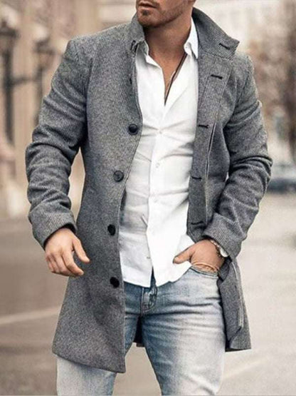 Stylish Men's Mid-Length Woolen Casual Coat with Stand Collar and Pockets - MENLL