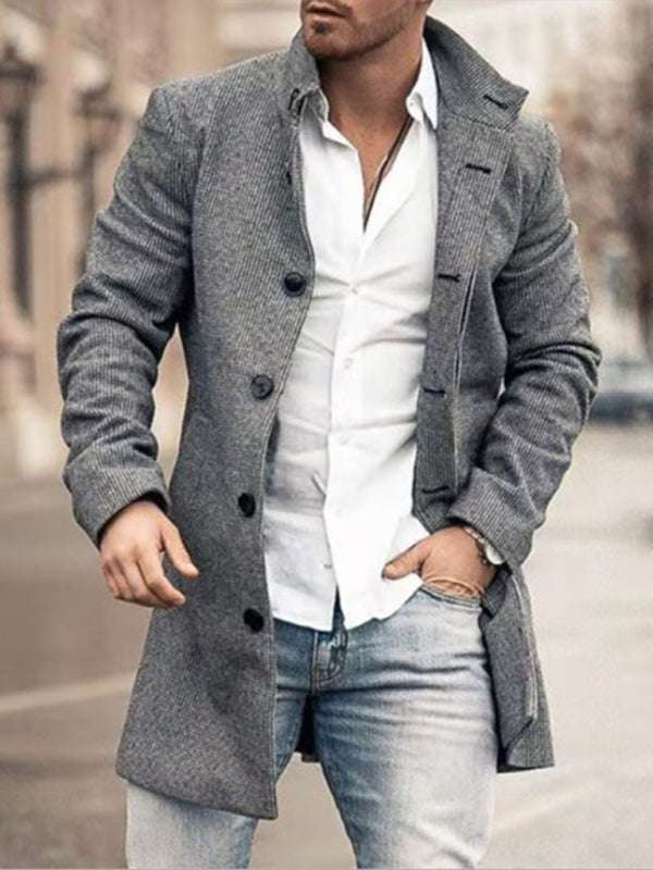 Stylish Men's Mid-Length Woolen Casual Coat with Stand Collar and Pockets - MENLL