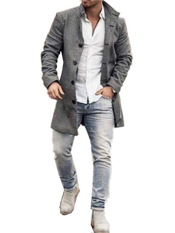 Stylish Men's Mid-Length Woolen Casual Coat with Stand Collar and Pockets - MENLL