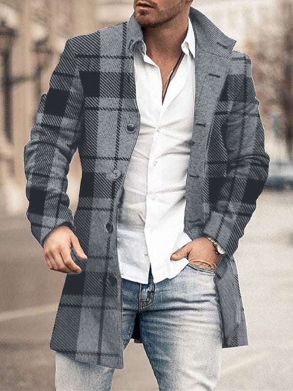Stylish Men's Mid-Length Woolen Casual Coat with Stand Collar and Pockets - MENLL
