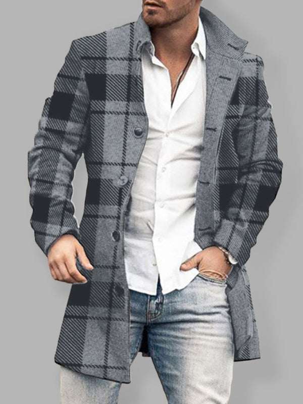 Stylish Men's Mid-Length Woolen Casual Coat with Stand Collar and Pockets - MENLL