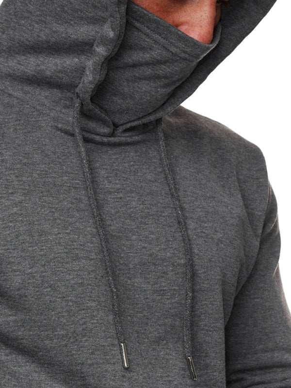 Gray men's hoodie with built-in face mask, featuring drawstrings and long sleeves, perfect for casual wear.