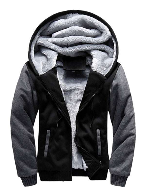 Men's black and gray hooded fleece jacket with thick lining for casual sportswear.