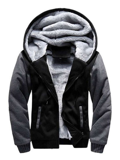 Men's black and gray hooded fleece jacket with thick lining for casual sportswear.