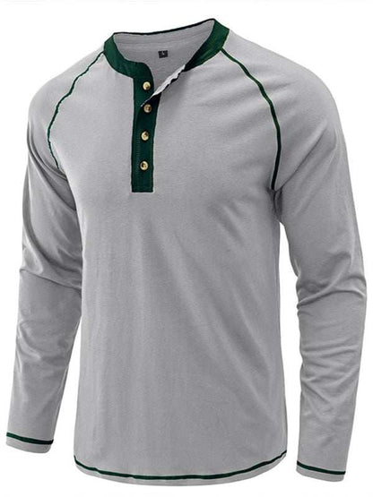 Stylish Men's Colorblock Long Sleeve T-Shirt with Button Detail - Perfect for Every Season! - MENLL