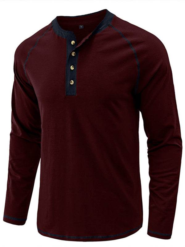 Stylish Men's Colorblock Long Sleeve T-Shirt with Button Detail - Perfect for Every Season! - MENLL
