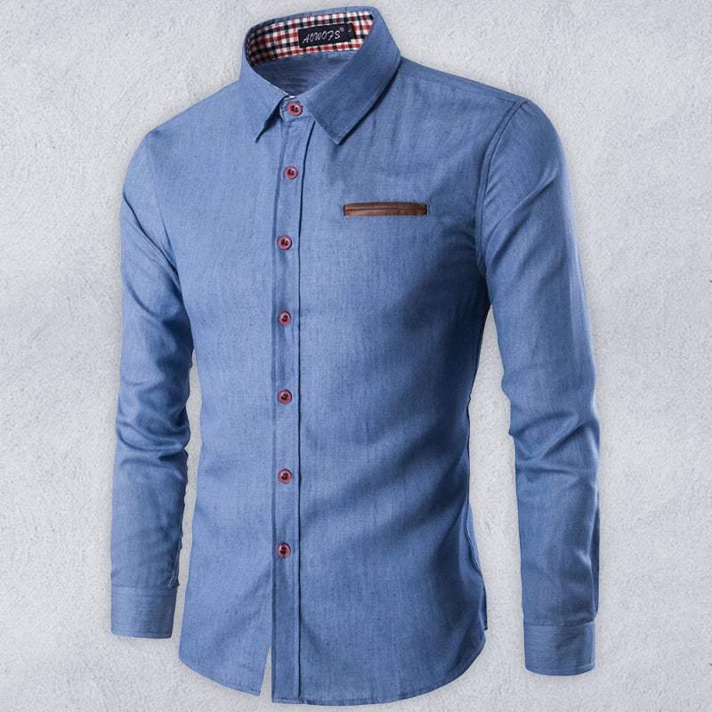 Men's denim long sleeve shirt with leather pocket detail for casual outings.