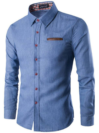 Stylish Men's Denim Long Sleeve Shirt with Leather Pocket Detail - Perfect for Casual Outings - MENLL