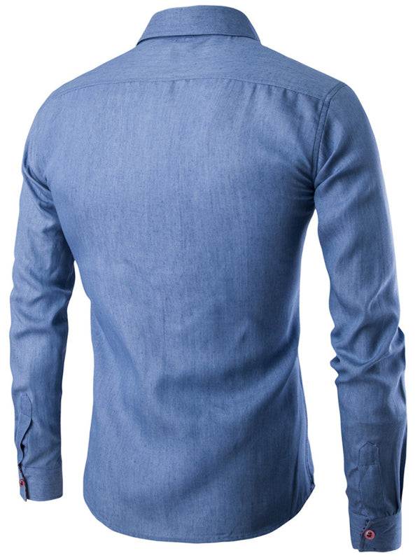 Stylish Men's Denim Long Sleeve Shirt with Leather Pocket Detail - Perfect for Casual Outings - MENLL