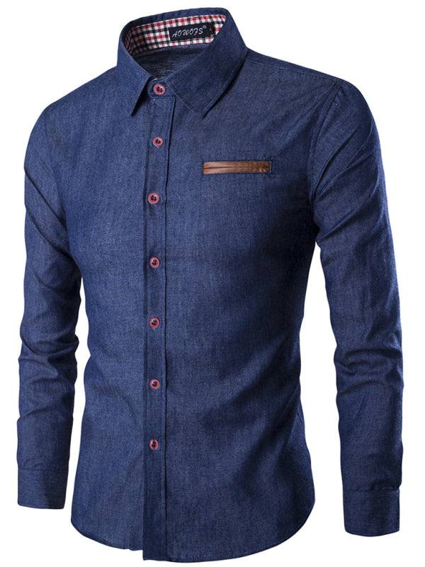 Stylish Men's Denim Long Sleeve Shirt with Leather Pocket Detail - Perfect for Casual Outings - MENLL