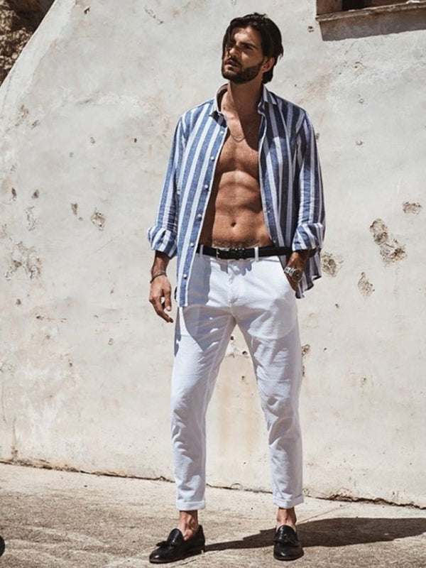 Stylish striped lapel shirt for men with beach print, casual and comfortable, perfect for American men.
