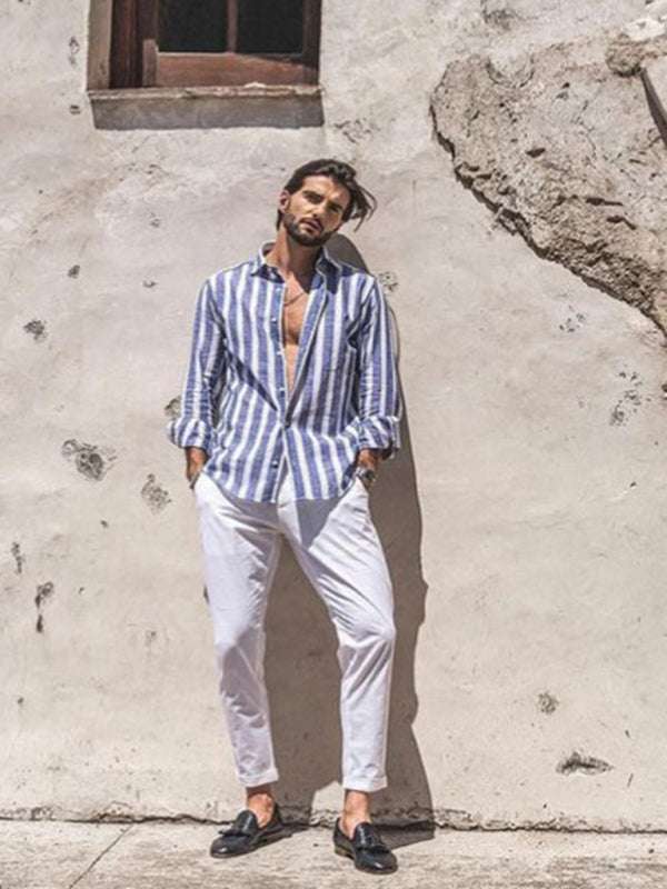 Stylish Striped Lapel Shirt for Men - Comfortable Casual Beach Print Long Sleeves - MENLL