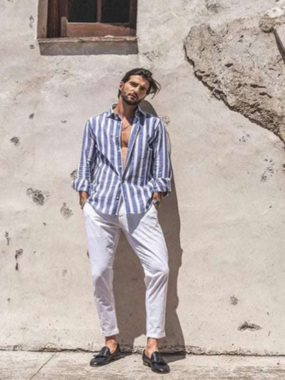 Stylish Striped Lapel Shirt for Men - Comfortable Casual Beach Print Long Sleeves - MENLL