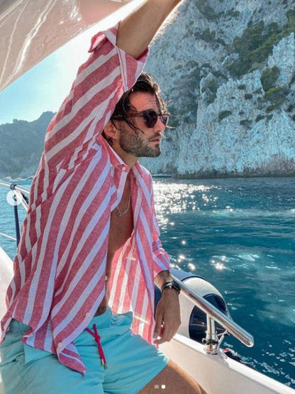 Stylish Striped Lapel Shirt for Men - Comfortable Casual Beach Print Long Sleeves - MENLL