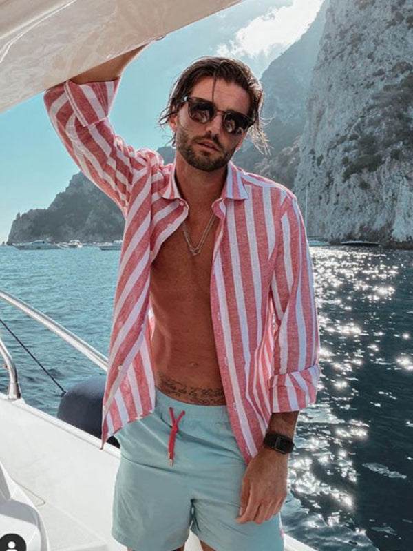 Stylish Striped Lapel Shirt for Men - Comfortable Casual Beach Print Long Sleeves - MENLL