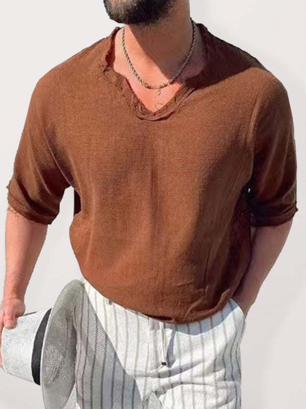 Men's woven V-neck short sleeve top in a self-design pattern, brown color, leisure style.