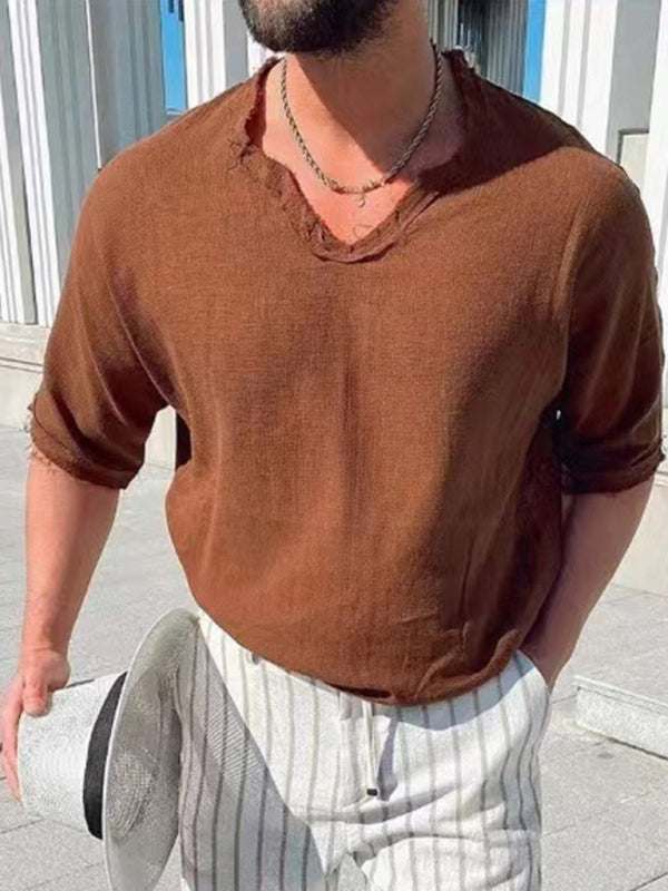 Stylish Men's Short Sleeve V-Neck Woven Top - Perfect for Every Occasion - MENLL