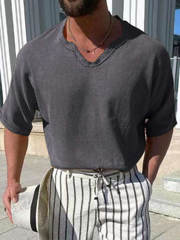 Stylish Men's Short Sleeve V-Neck Woven Top - Perfect for Every Occasion - MENLL