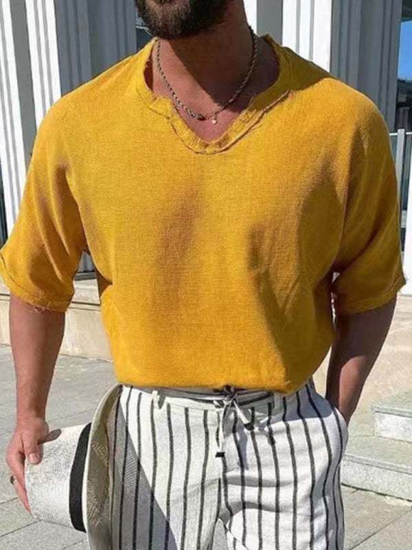 Stylish Men's Short Sleeve V-Neck Woven Top - Perfect for Every Occasion - MENLL