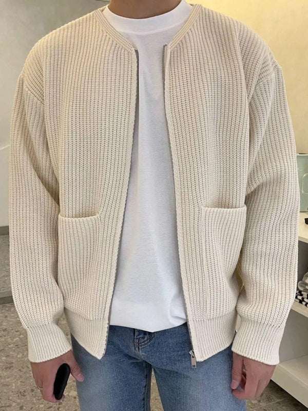 Men's solid color knitted cardigan with welt pockets, casual style.