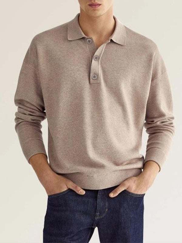 Men's long sleeve V neck button casual top polo shirt in beige.