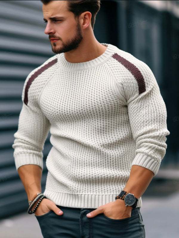 Casual fashion men's knitted sweater with contrast shoulder color and long sleeves, ideal for autumn-winter.