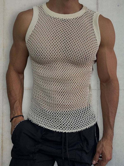 Solid color round neck sleeveless hollow knitted vest for men.
